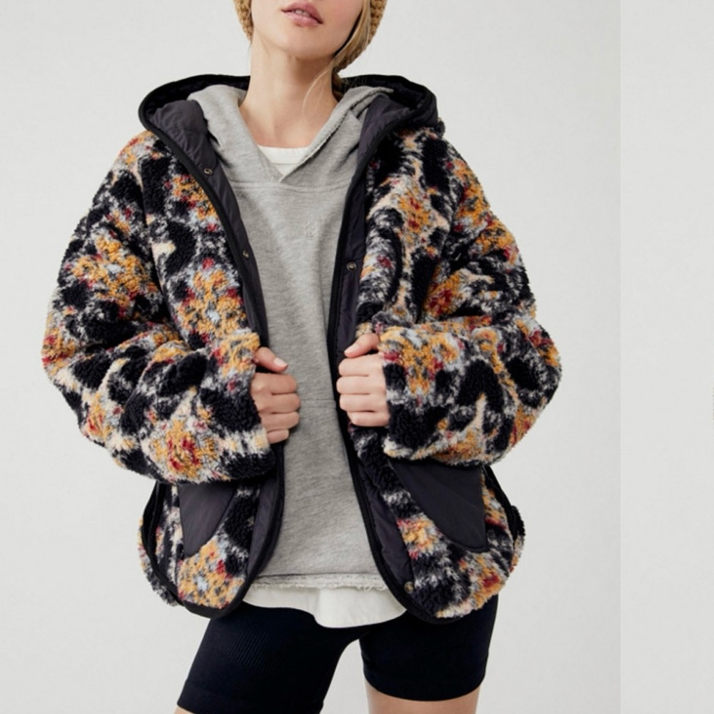 Free People Movement Elevation Jacquard Reversible Fleece Jacket Black Gold Blue